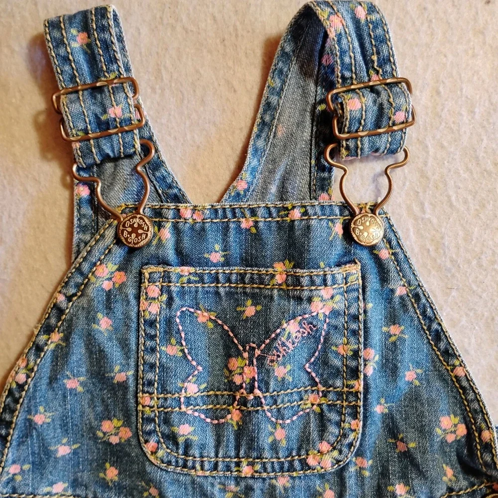 Vintage OshKosh Bgosh Baby Girls Floral‎ Denim Overalls Blue Pink 18 Months